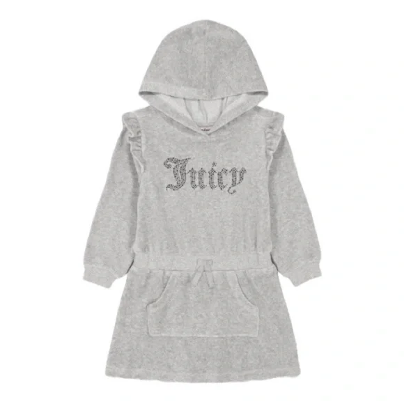 Juicy Couture Little Girls Gray Rhinestone Logo Velour Long Sleeve Ruffle Dress - Picture 1 of 7